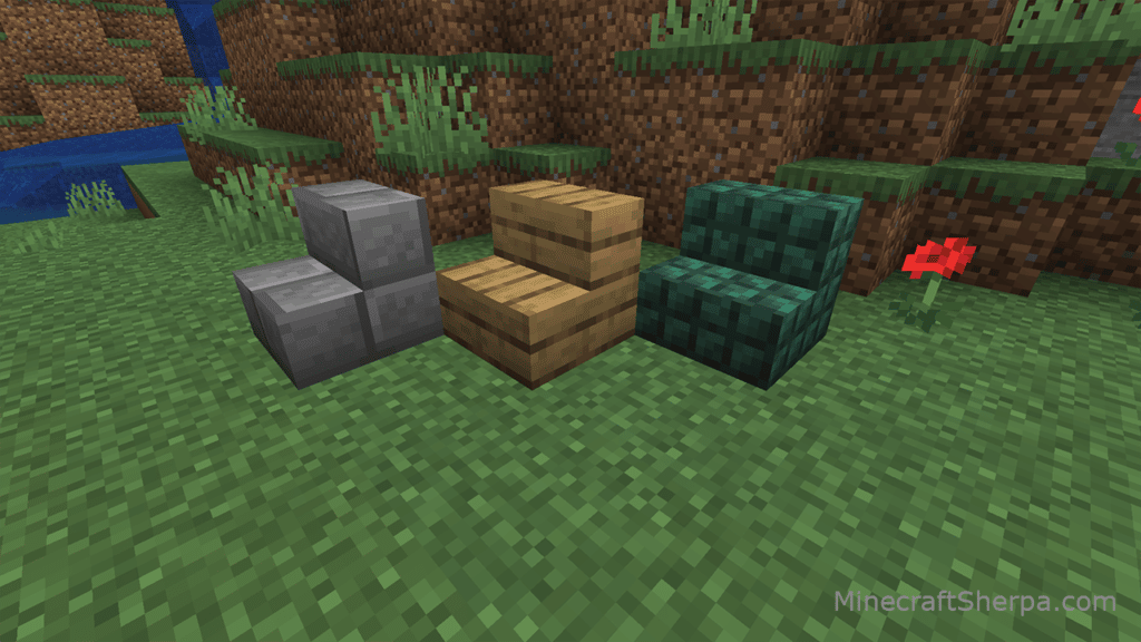 Image of Minecraft stairs - stone brick, oakl wood, and dark prismarine.