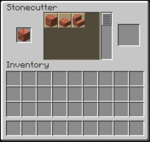 Minecraft stonecutter with cut copper stairs and other options available.