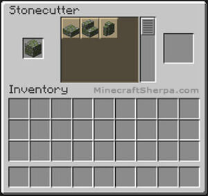Minecraft stonecutter with mossy cobblestone stairs and other options available.