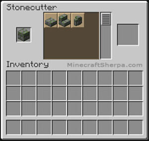 Minecraft stonecutter with mossy stone brick stairs and other options available.