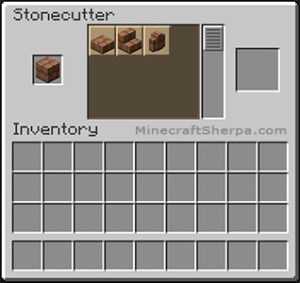 Minecraft stonecutter with mud brick stairs and other options available.