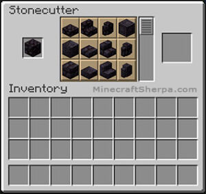 Minecraft polished blackstone on stonecutter with polished blackstone stairs and other options available.