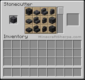 Minecraft cobbled deepslate on stonecutter with polished deepslate stairs and other options available.