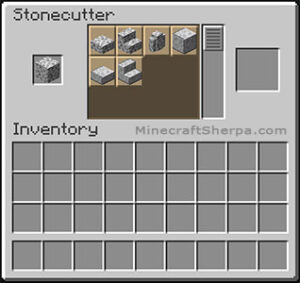 Minecraft diorite on stonecutter with polished diorite stairs and other options available.