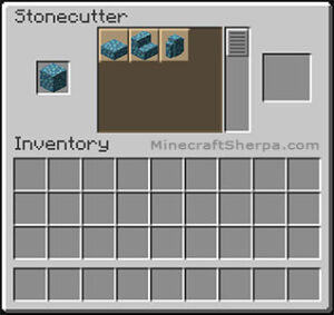 Minecraft prismarine on stonecutter with prismarine stairs and other options available.