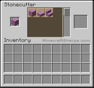 Minecraft purpur on stonecutter with purpur stairs and other options available.