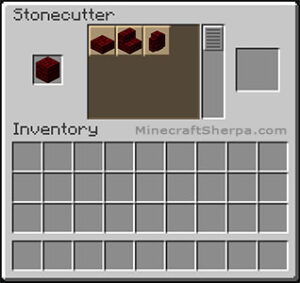 Minecraft red nether brick on stonecutter with red nether brick stairs and other options available.