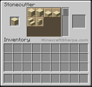 Minecraft sandstone on stonecutter with sandstone stairs and other options available.